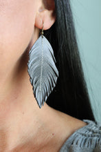 Load image into Gallery viewer, Gray Leather Feather Earrings (4 sizes)