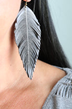 Load image into Gallery viewer, Gray Leather Feather Earrings (4 sizes)