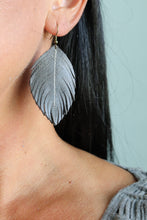 Load image into Gallery viewer, Gray Leather Feather Earrings (4 sizes)