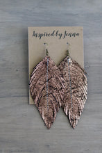 Load image into Gallery viewer, Rose Quartz Shimmer Leather Feather Earrings (4 sizes)