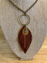 Load image into Gallery viewer, Saddle Brown Leather Feather Necklace with charms