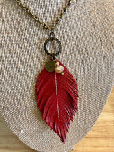 Load image into Gallery viewer, Red Leather Feather 30" necklace with charms