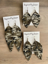 Load image into Gallery viewer, Army Green Camo Leather Feather Earrings (4 sizes)