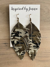 Load image into Gallery viewer, Army Green Camo Leather Feather Earrings (4 sizes)