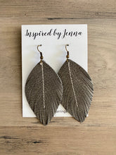 Load image into Gallery viewer, Gray Leather Feather Earrings (4 sizes)