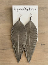 Load image into Gallery viewer, Gray Leather Feather Earrings (4 sizes)