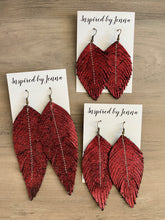 Load image into Gallery viewer, Red Shimmer Leather Feather Earrings (4 sizes)