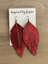 Load image into Gallery viewer, Red Shimmer Leather Feather Earrings (4 sizes)