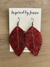 Load image into Gallery viewer, Red Shimmer Leather Feather Earrings (4 sizes)