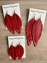 Load image into Gallery viewer, Ruby Red Leather Feather Earrings (4 sizes)