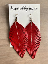 Load image into Gallery viewer, Ruby Red Leather Feather Earrings (4 sizes)