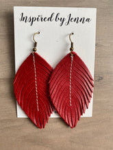 Load image into Gallery viewer, Ruby Red Leather Feather Earrings (4 sizes)