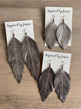 Load image into Gallery viewer, Metallic Pewter Leather Feather Earrings (4 sizes)
