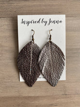Load image into Gallery viewer, Metallic Pewter Leather Feather Earrings (4 sizes)