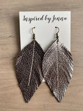 Load image into Gallery viewer, Metallic Pewter Leather Feather Earrings (4 sizes)
