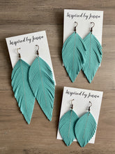 Load image into Gallery viewer, Aqua Leather Feather Earrings (4 sizes)