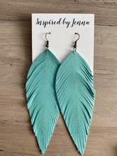 Load image into Gallery viewer, Aqua Leather Feather Earrings (4 sizes)