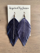 Load image into Gallery viewer, Metallic Navy Leather Feather Earrings (4 sizes)