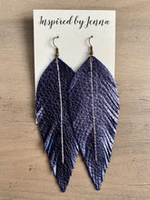 Load image into Gallery viewer, Metallic Navy Leather Feather Earrings (4 sizes)