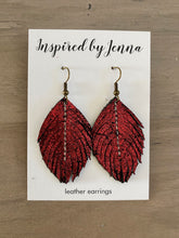 Load image into Gallery viewer, Red Shimmer Leather Feather Earrings (4 sizes)