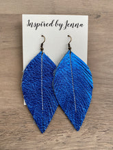 Load image into Gallery viewer, Metallic Cobalt Blue Leather Feather Earrings (4 sizes)