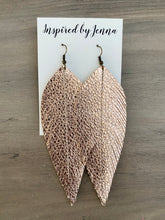 Load image into Gallery viewer, Rose Gold Metallic Leather Feather Earrings (4 sizes)