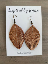 Load image into Gallery viewer, Rose Gold Shimmer Leather Feather Earrings (4 sizes)