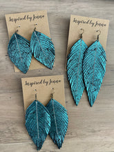 Load image into Gallery viewer, Teal Shimmer Leather Feather Earrings (4 sizes)