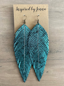 Teal Shimmer Leather Feather Earrings (4 sizes)