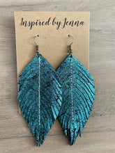 Load image into Gallery viewer, Teal Shimmer Leather Feather Earrings (4 sizes)