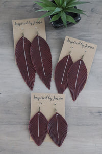 Merlot Leather Feather Earrings (4 sizes)