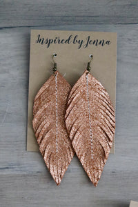 Rose Gold Shimmer Leather Feather Earrings (4 sizes)