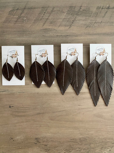 Dark Chocolate Leather Feather Earrings (4 sizes)