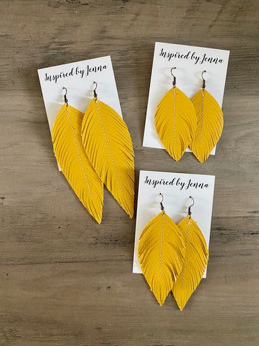 Lemon Yellow Leather Feather Earrings (4 sizes)