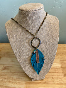 Teal Leather Feather 30" Necklace with Charms