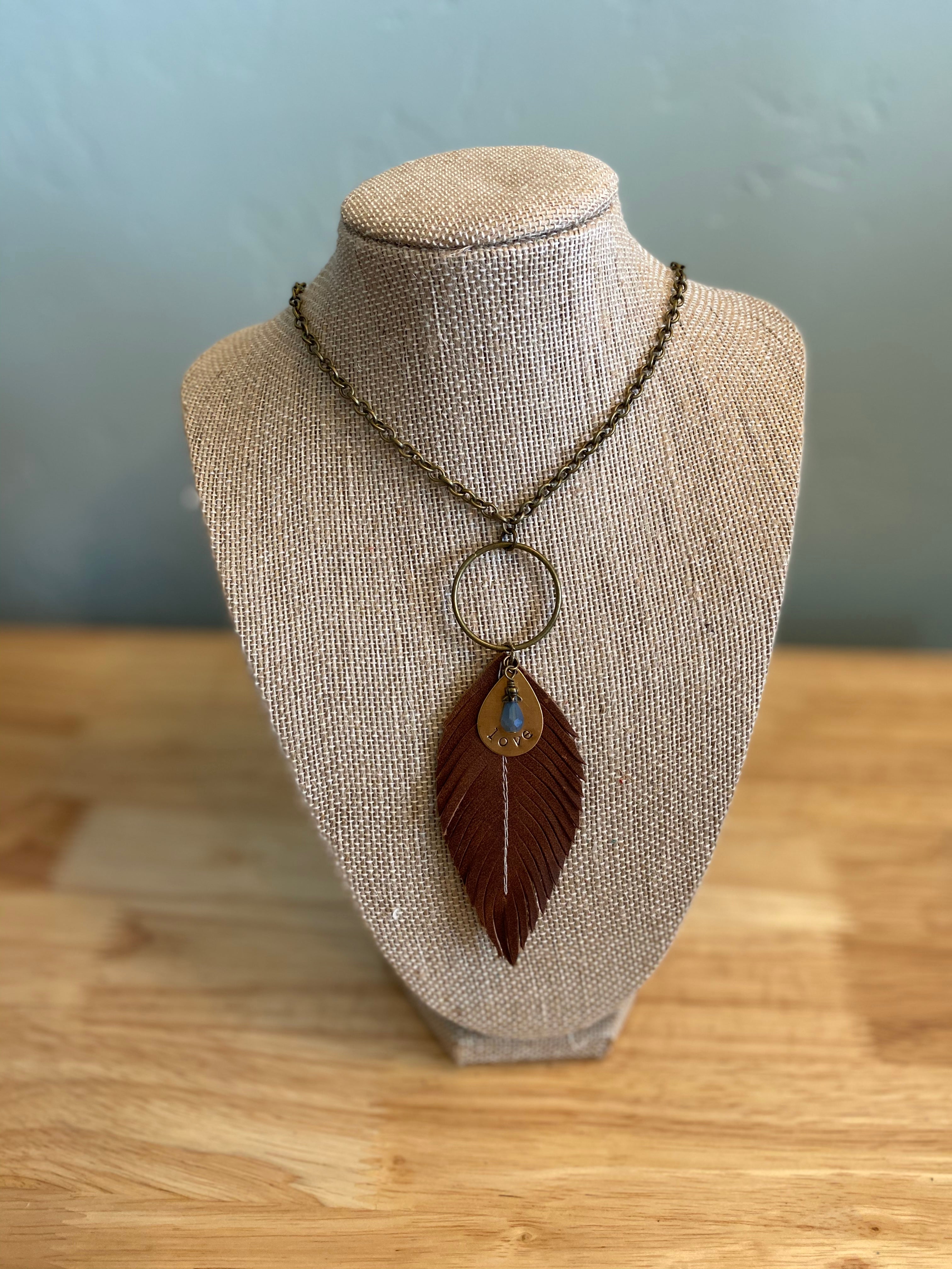 Saddle Brown Leather Feather Necklace with charms – Inspired by Jenna