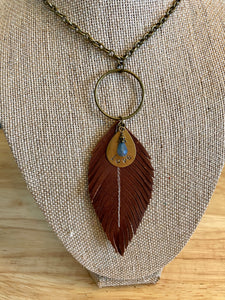 Saddle Brown Leather Feather Necklace with charms