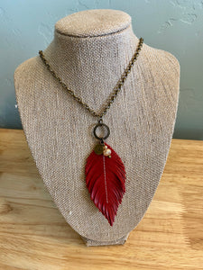 Red Leather Feather 30" necklace with charms