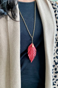 Red Leather Feather 30" necklace with charms