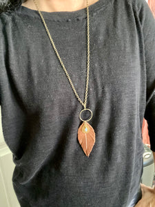 Saddle Brown Leather Feather Necklace with charms