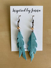 Load image into Gallery viewer, Sparrow Tri-Feather Aqua Leather Earrings