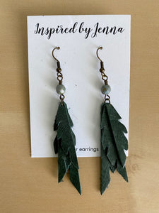 Sparrow Tri-Feather Jade Green Leather Earrings