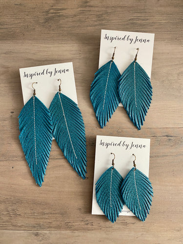 Rustic Teal Leather Feather Earrings (4 sizes)