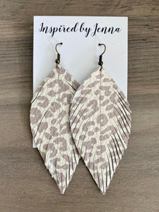 Snow Leopard Leather Feather Earrings (4 sizes)