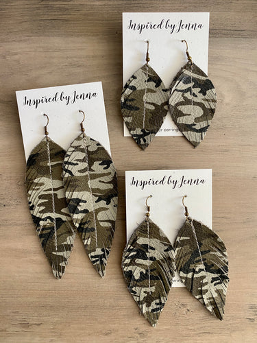 Army Green Camo Leather Feather Earrings (4 sizes)