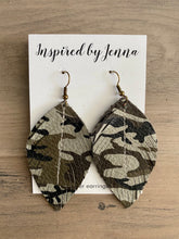 Load image into Gallery viewer, Army Green Camo Leather Feather Earrings (4 sizes)