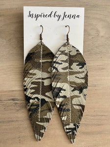 Army Green Camo Leather Feather Earrings (4 sizes)