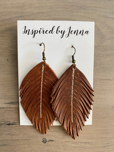 Saddle Brown Leather Feather Earrings (4 sizes)