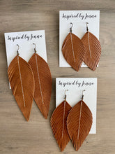 Load image into Gallery viewer, Caramel Leather Feather Earrings (4 sizes)