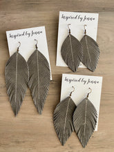 Load image into Gallery viewer, Gray Leather Feather Earrings (4 sizes)
